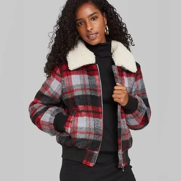 Wild Fable Red Plaid Bomber Jacket w/ Removable Fleece Collar - Picture 1 of 9